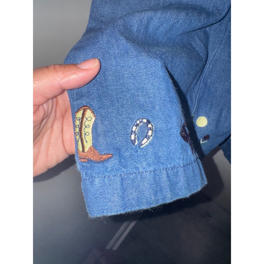 Vtg Eagles Eye Western Embroidered Denim Midi Skirt Button Front Cowboy Boot - Picture 4 of 10